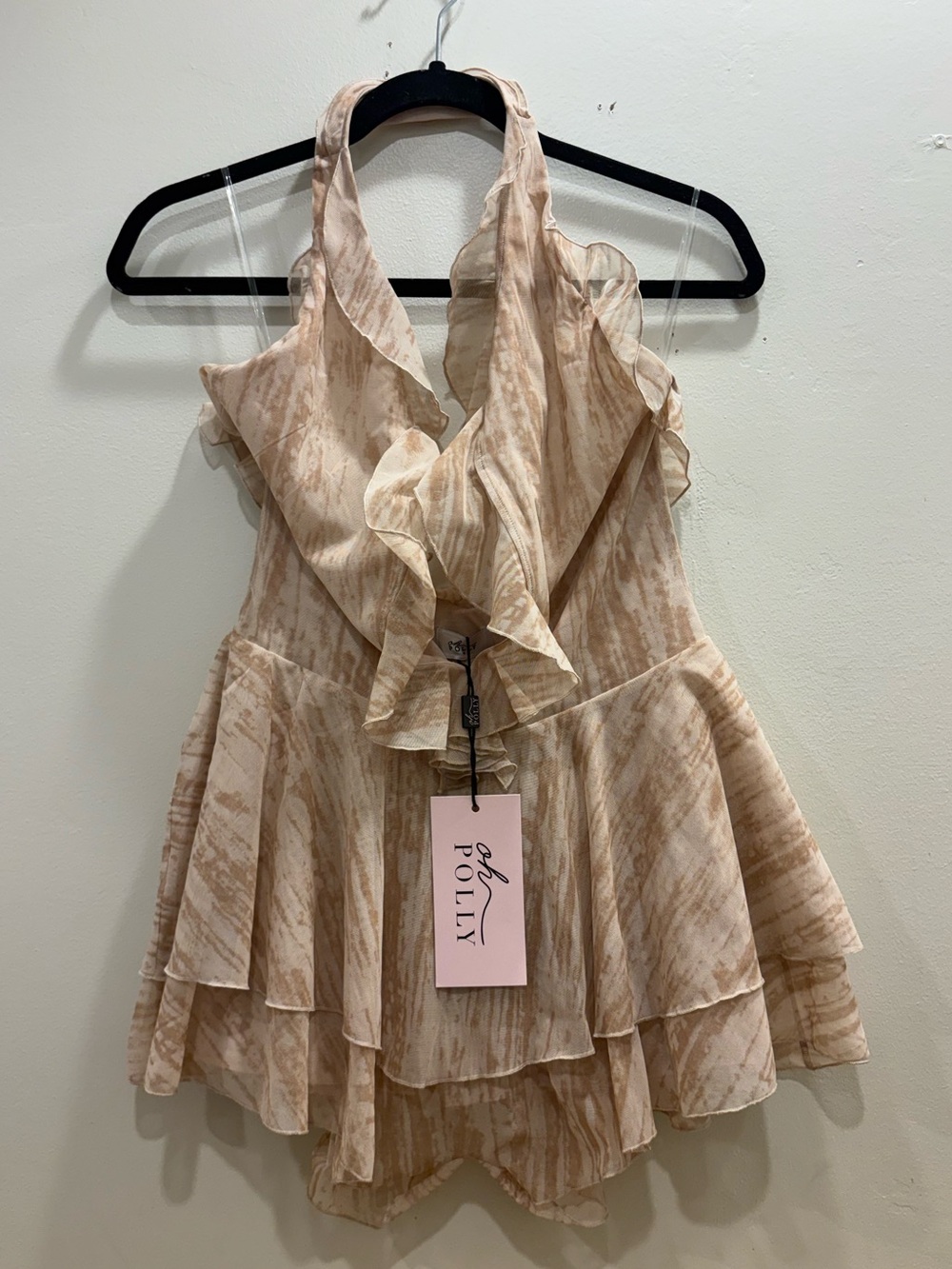 Oh Polly Morgaine Ruffled Plunge Halter Romper Tan Print M NWT - Picture 5 of 9